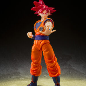 Figura Super Saiyan God Son Goku 14 cm de Dragon Ball Super - SH Figuarts, mostrando a Goku en su forma divina con cabello rojo, detalles precisos y accesorios intercambiables.