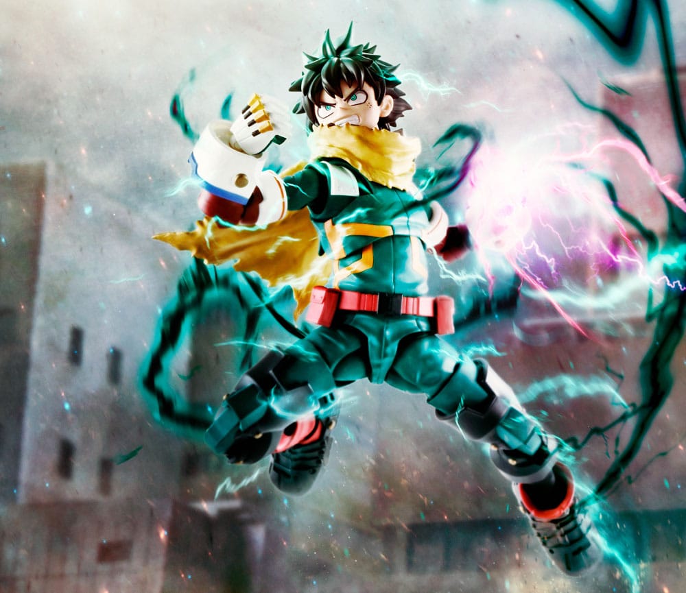 Figura Izuku Midoriya de My Hero Academia S.H. Figuarts de 14 cm. Incluye manos, expresiones faciales intercambiables y partes del pelo, diseñada con detalles precisos.