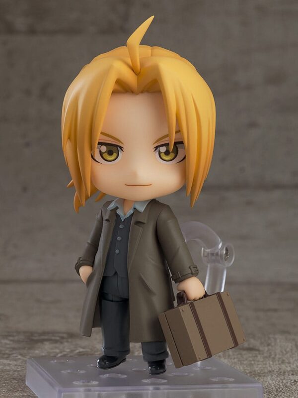 Figura Nendoroid Edward Elric Final Episode Version de 10 cm, con placas faciales intercambiables y accesorios como bolsa y martillo, basada en "Fullmetal Alchemist: Brotherhood".