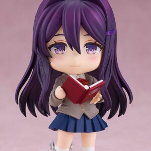 Figura Nendoroid de Yuri de Doki Doki Literature Club de Good Smile Company, con placas faciales y accesorios opcionales como libro y hoja de diálogo.