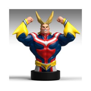 Hucha de 25 cm de All Might en PVC, basada en My Hero Academia, con detalle en el traje heroico y ranura para monedas. Ideal para coleccionistas.