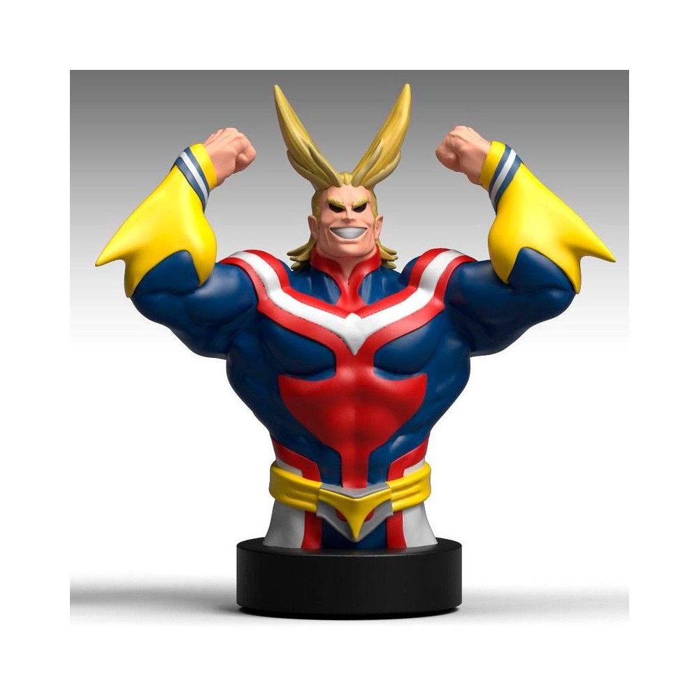 Hucha de 25 cm de All Might en PVC, basada en My Hero Academia, con detalle en el traje heroico y ranura para monedas. Ideal para coleccionistas.