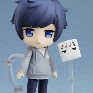 Nendoroid de Soraru con accesorios como micrófono y consola de juegos, y expresiones intercambiables, incluyendo una dormida y otra llorosa.