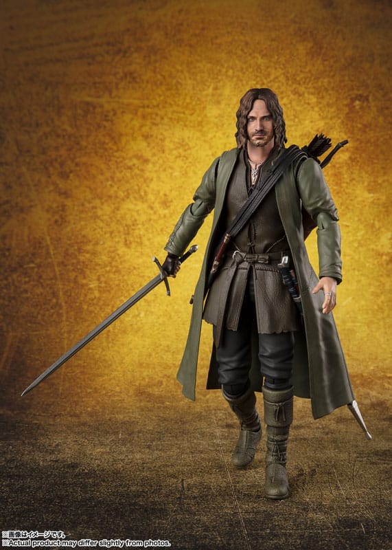 Figura de Aragorn (15,5 cm) de The Lord of the Rings, colección S.H. Figuarts de Tamashii Nations. Incluye espada, daga y carcaj.